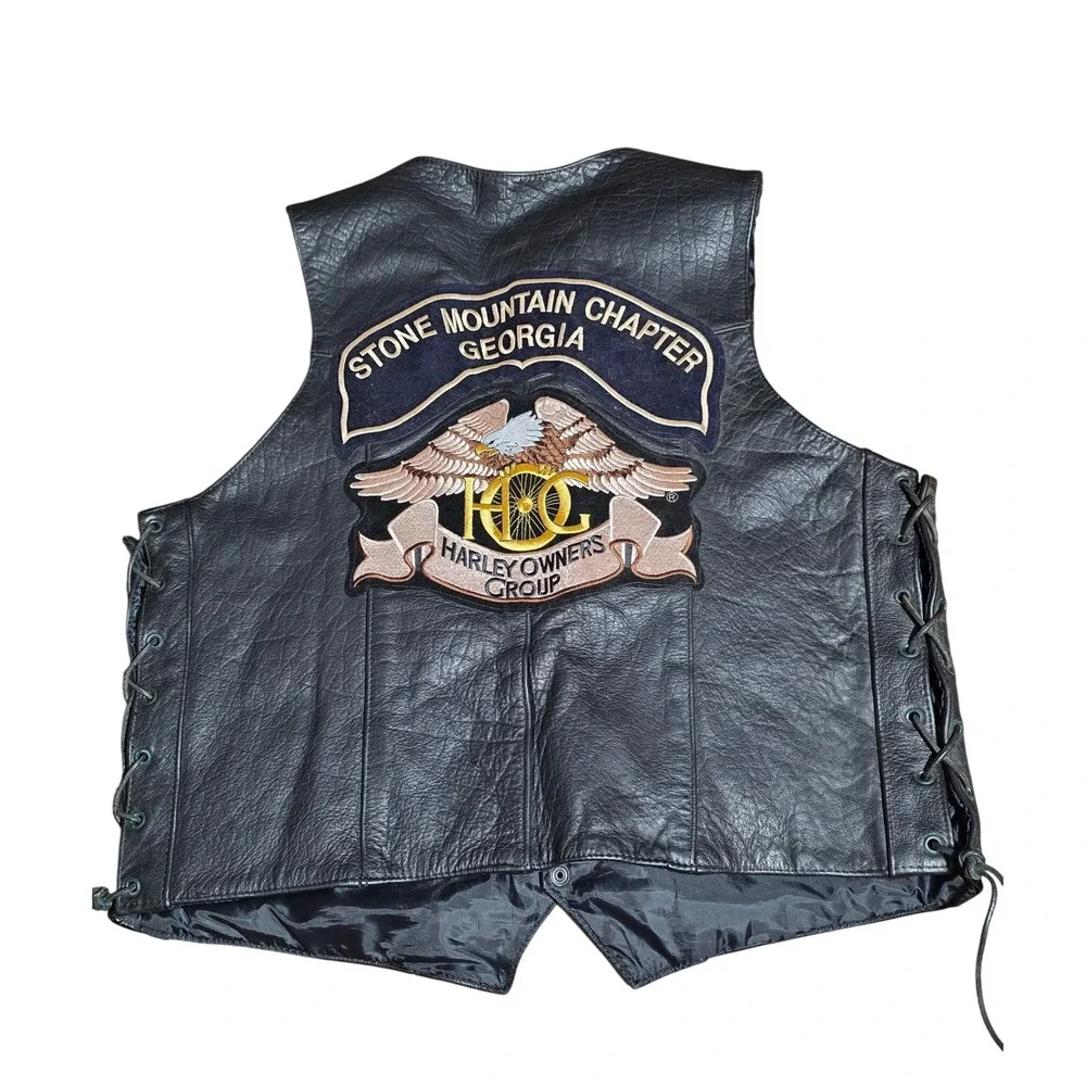 Unik Ultra Black Leather Biker Vest HOG Stone Mountain Georgia Patch Size 48